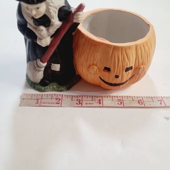 Vintage Halloween Witch Pumpkin Ceramic Tea Light Candle Holder - Picture 9 of 16